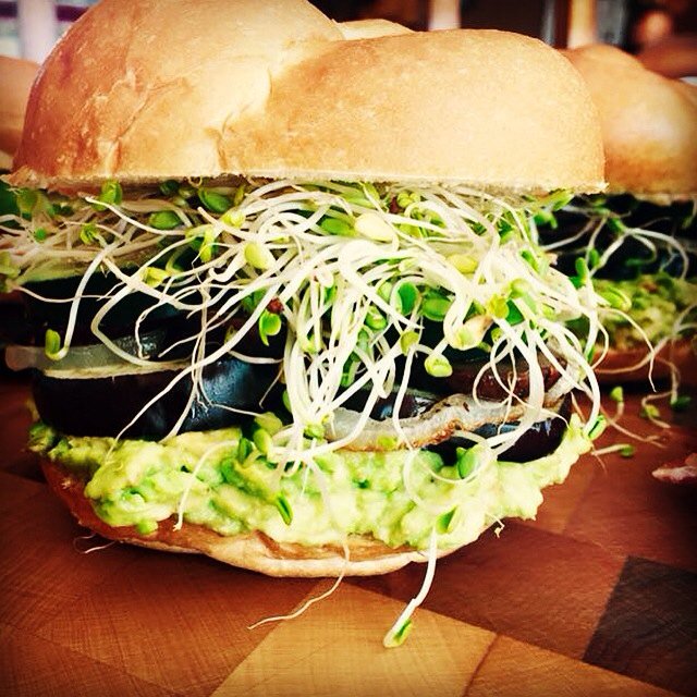 Veggie Slider-avocado, roasted eggplant, mushrooms &amp; onions topped with sprouts #Appetizers <a href="/lorianh/">Lori An Hampton</a> @YouOnTheChew