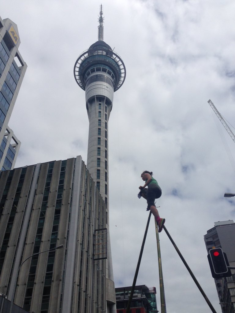 350nz's tweet photo. Protesters have erected a tripod to block access to the Sky Tower where the TPPA will be signed. #TPPAblockade https://t.co/uDD7WSmQW7