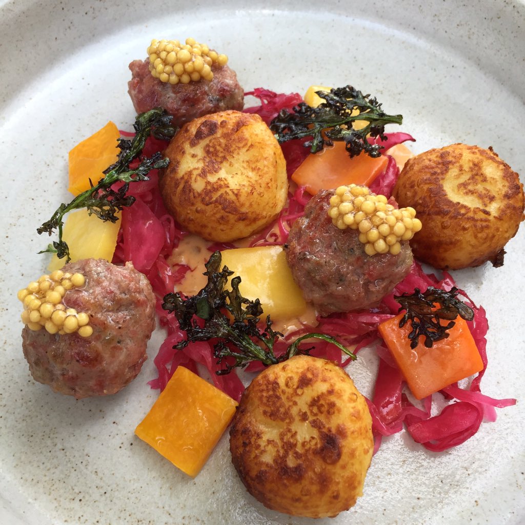 Take a peek at one of the new dishes on our menu: corned beef meatballs with potato dumplings.