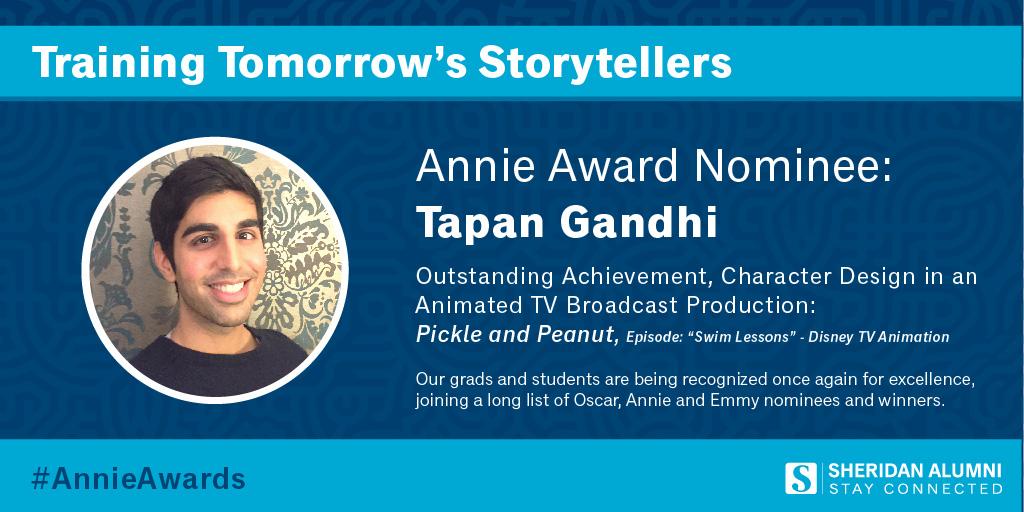 Thrilled for <a href="/sheridancollege/">sheridancollege</a> grad &amp; #AnnieAwards nominee Tapan Gandhi! Good luck on Saturday! <a href="/tapangandhi86/">Tapan Gandhi</a>