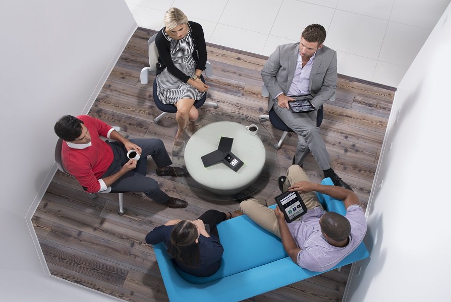 PolyCompany's tweet photo. Games are won in the huddle. Get ready for a better #HuddleRoom w/ #RealPresenceTrio https://t.co/2Mzs2agfmE #SB50 https://t.co/cLsnvlBNgP