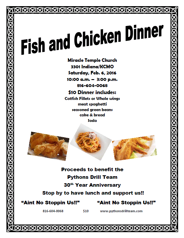 PythonsKC's tweet photo. Don't forget to join us TOMORROW at Miracle Temple Church for our Fish and Chicken Dinner! 10 am-3 pm, only $10. https://t.co/jWSIvcHSKe