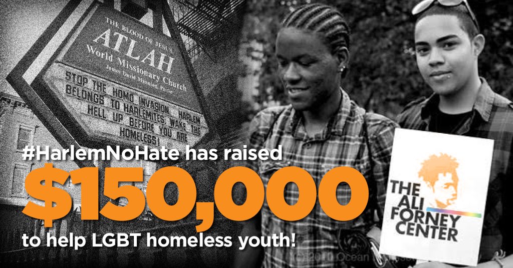 HarlemNoHate's tweet photo. The #HarlemNoHate fund breaks $150,000 to help #LGBT homeless youth! DONATE: https://t.co/27ghwdTPu8 https://t.co/SFP80qDsrZ