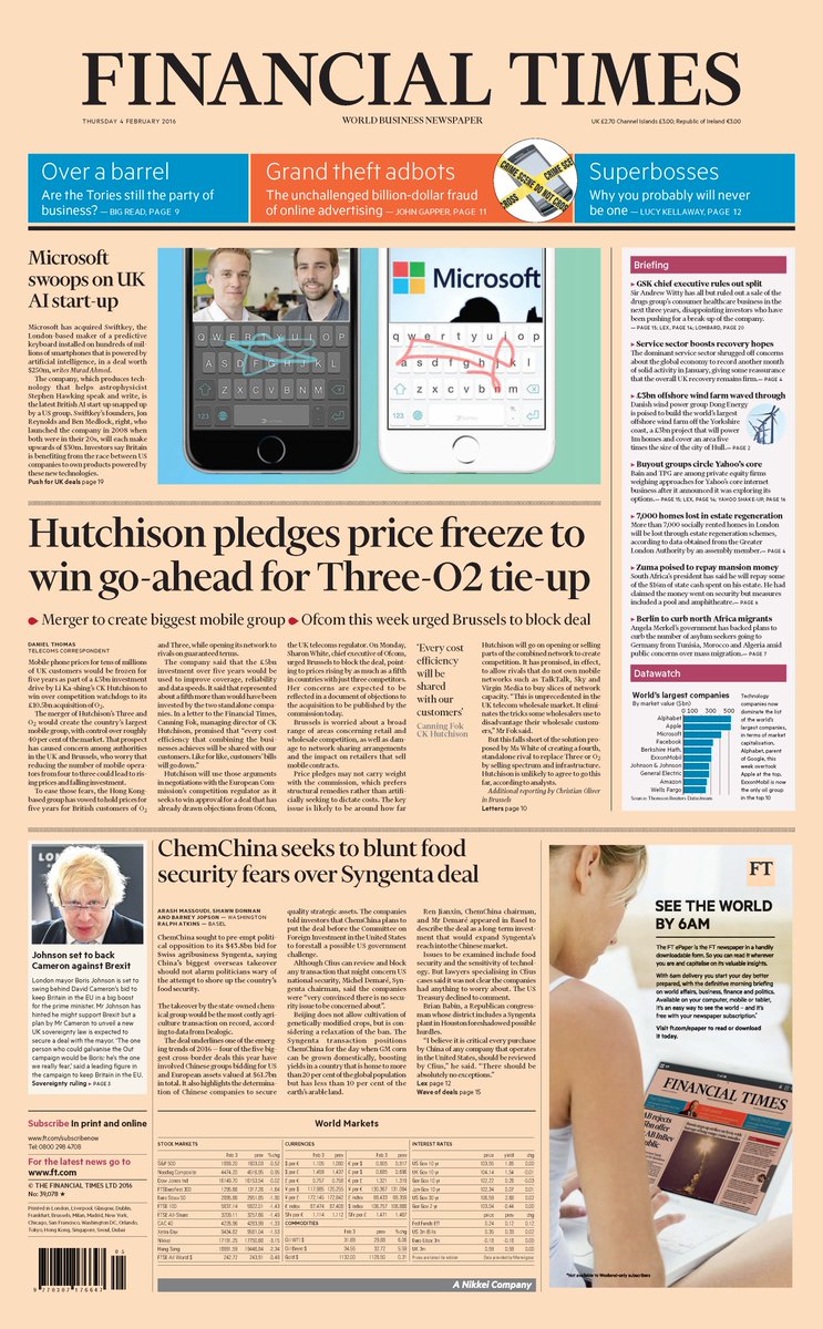 FT's tweet photo. Just published: front page of the Financial Times international edition for February 4 https://t.co/aQrgxWWnj1