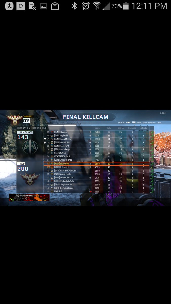 Scary_Hour's tweet image. Me &amp;amp; @Sneak90 beating MFAM &amp;amp; GoM clan, we joined late against MFAM clan &amp;amp; turned game around lol #K1LR #ScaryHour