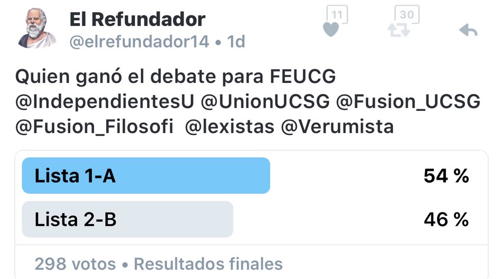 elrefundador14's tweet photo. Como resultado de nuestra primera encuesta quedo como ganador del debate el señor @JimmyMartin2 @Accion_UCSG https://t.co/4IxK51UaqJ