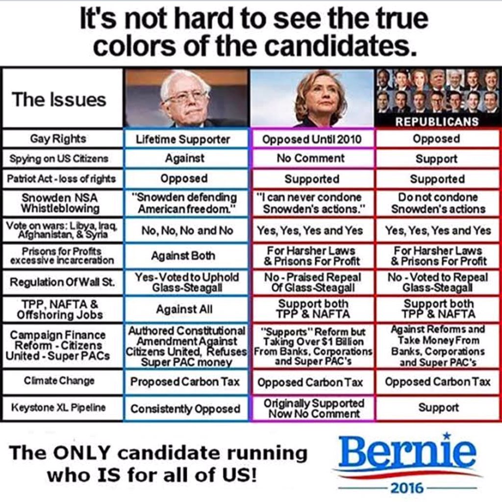 MMFlint's tweet photo. Here's the chart I shared in my endorsement of Bernie. (Note: Hillary changed on TPP since this chart was published) https://t.co/VZmhUBNXpv