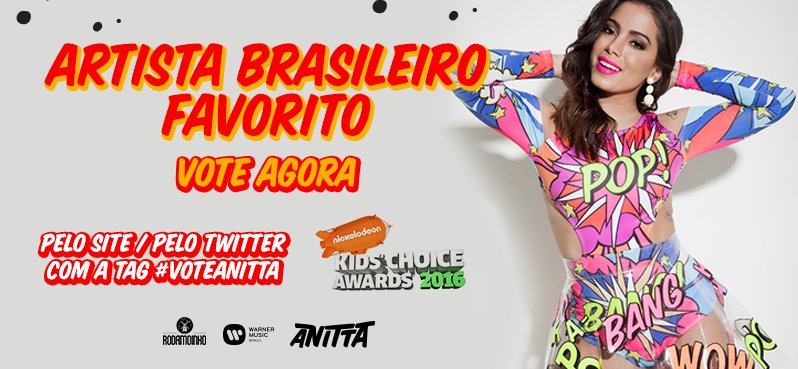 Anitta's tweet photo. Mais notícia boa hoje... estamos indicados ao Kids Choice Awards! Pra votar é só tuitar a tag #VoteAnitta #KCA https://t.co/vjcAFQYLAV