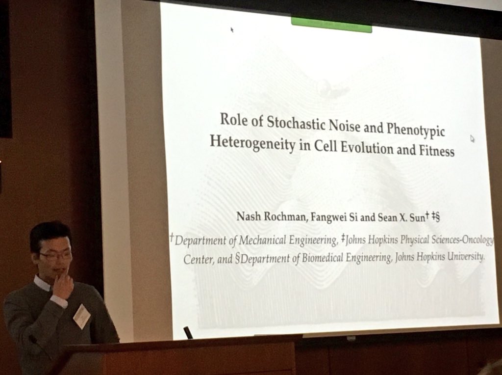 ara_anderson's tweet photo. Finally, Sean X. Sun: Role of stochastic noise & phenotypic heterogeneity in cell evolution & fitness #PSON2016 https://t.co/fDwk1YCBwW