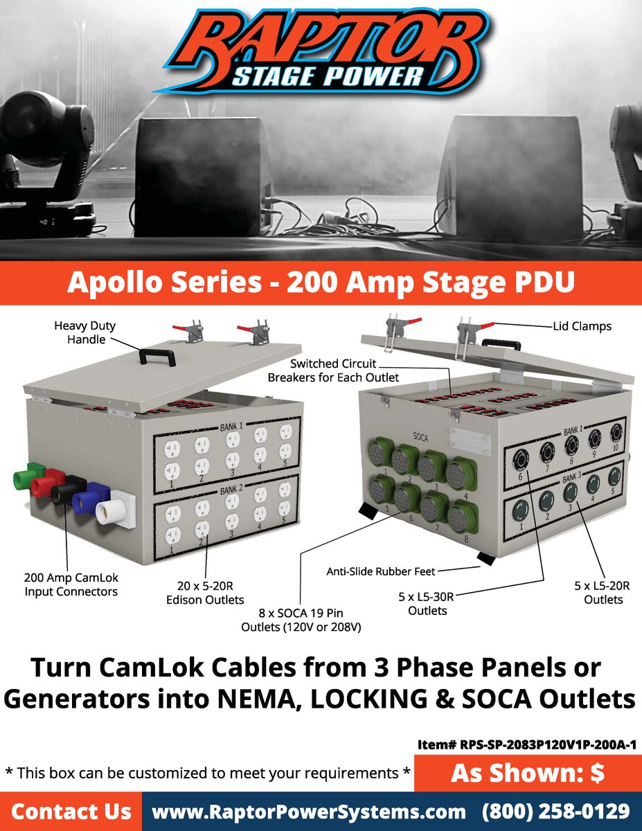 RaptorStage's tweet photo. #200Amp #StagePDU https://t.co/Tf3RRwP3N4 #Camlok #3Phase #Nema #Locking #Soca #Outlets https://t.co/NY9SuHCK2h