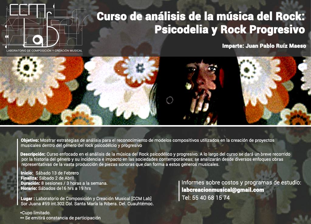 ccm_lab's tweet image. #CDMX 
CURSO DE ANÁLISIS DE LA MÚSICA DEL ROCK: PSICODELIA Y ROCK PROGRESIVO
+ Info: labcreacionmusical@gmail.com