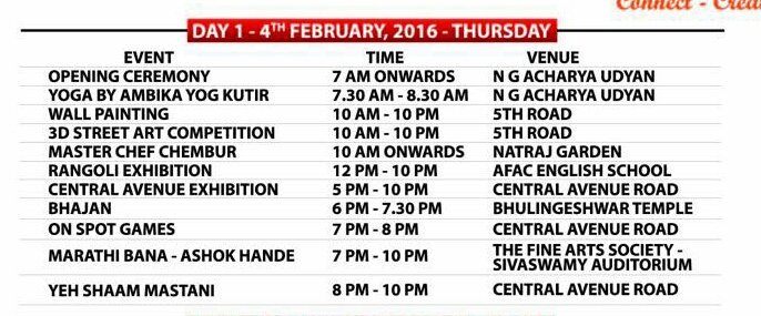 ChemburFestival's tweet photo. Chembur Festival itenary of day 1 @suprada17 https://t.co/Ztsgfztchk