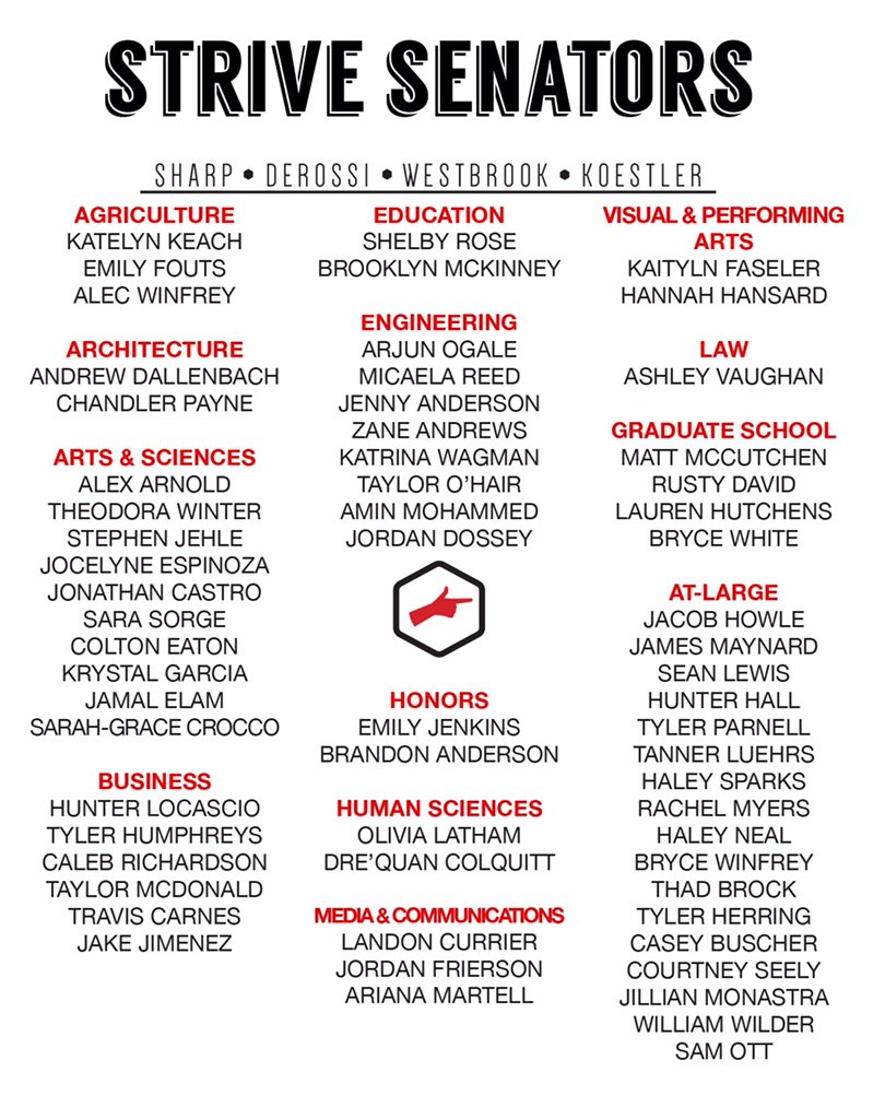 TTUstrive's tweet image. The STRIVE Campaign is proud to announce the senators running with our block! #StriveWithUs