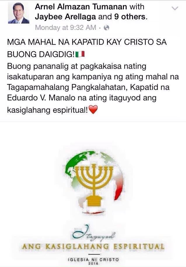 iaccessthetruth's tweet photo. KAISA KAMI NG TAGAPAMAHALANG PANGKALAHATAN ANG KAPATID NA EDUARDO V. MANALO @INCTV_Official @INCMediaNews @katwitz https://t.co/crV83acRgt