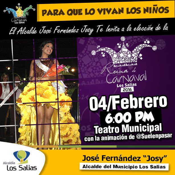 AlcaldiaSAA's tweet photo. El Alcalde @josyfernandez te invita a la elección de la Reina de Carnaval 2016,  #ParaQueLoVivanLosNiños https://t.co/7xP9PuzXga