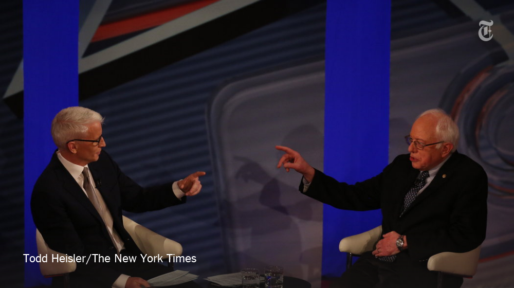 nytimes's tweet photo. Bernie Sanders and Hillary Clinton tangle in town hall over rights to "progressive" label https://t.co/nr5G30gtD4 https://t.co/gJ22WrnnuS