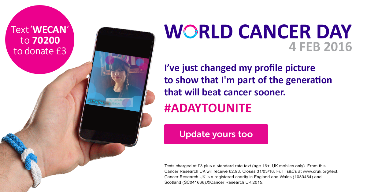 loucrabbe's tweet photo. I'm uniting for World Cancer Day to show we all CAN do something about cancer #ADayToUnite https://t.co/wFjAWt2qXo https://t.co/ckqR7KAhyL