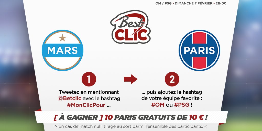 Betclic's tweet image. Faites le bon pronostic pour #OMPSG ! Pour participer : 
1) Follow @Betclic 
2) Tweetez #MonClicPour + #OM ou #PSG