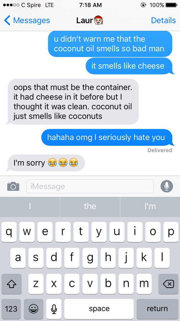 haleyputt's tweet photo. "try this coconut oil it's really good for your skin" 😐 https://t.co/WjMuRvxUrN