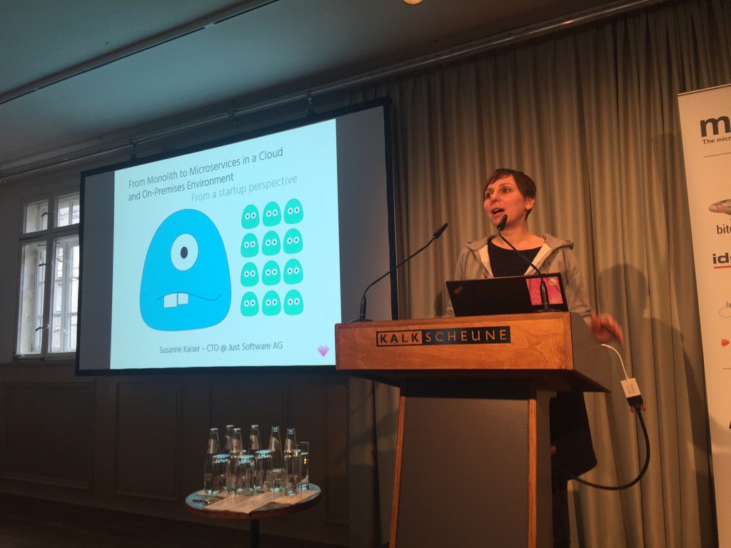 microXchg's tweet photo. Susanne Kaiser now talking about their journey from monolith to microservices. #microxchg #stage2 https://t.co/Uzvn2AzMBB