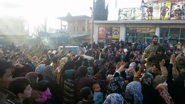 miladvisor's tweet photo. Jubilation in towns #Zahraa & #Nubbl in N. #Aleppo as #SAA & #Hezbollah arrive to lift 3 year siege https://t.co/fpMGt87xEm