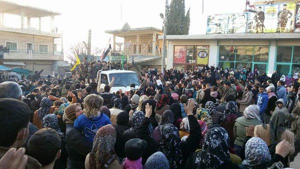 miladvisor's tweet photo. Jubilation in towns #Zahraa & #Nubbl in N. #Aleppo as #SAA & #Hezbollah arrive to lift 3 year siege https://t.co/fpMGt87xEm