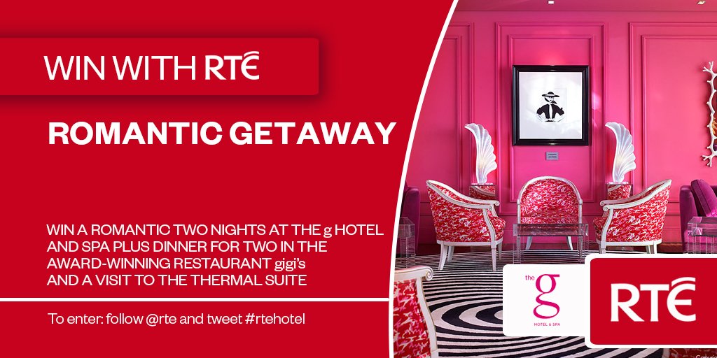 Win a romantic 2 nights <a href="/ThegHotel/">The g Hotel & Spa</a>, dinner at restaurant gigi's + visit to thermal suite. Follow <a href="/rte/">RTÉ</a> &amp; RT #rtehotel