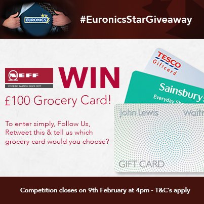 euronics_UK's tweet photo. *Competition* Fancy winning a £100 Grocery card of your choice? T&amp;C's- https://t.co/sjHLfAVg1f #EuronicsStarGiveaway https://t.co/n0s4u733xZ