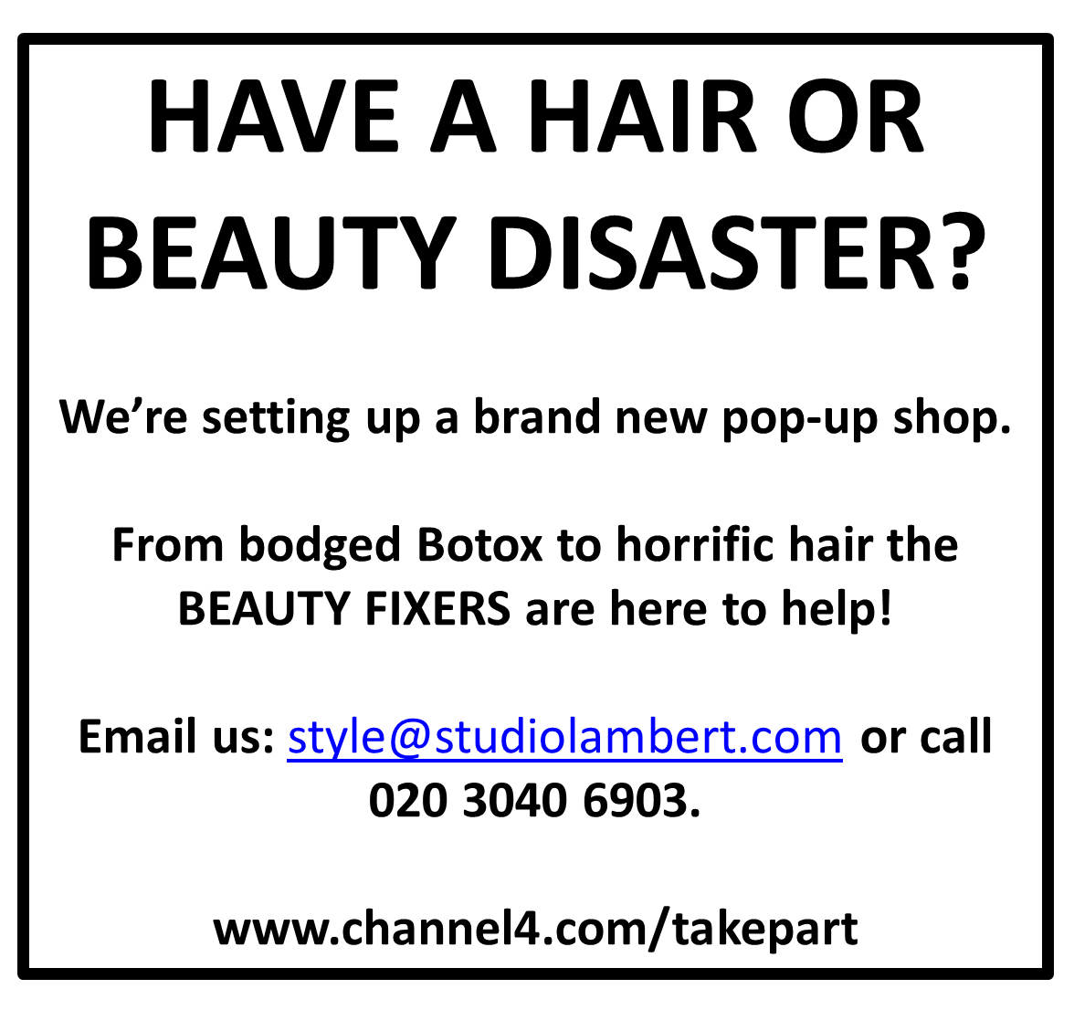 Have a dodgy dye-job, wonky weave or catastrophic contouring? Get in touch with <a href="/stylefixers/">New TV Series</a> goo.gl/0dCZWp