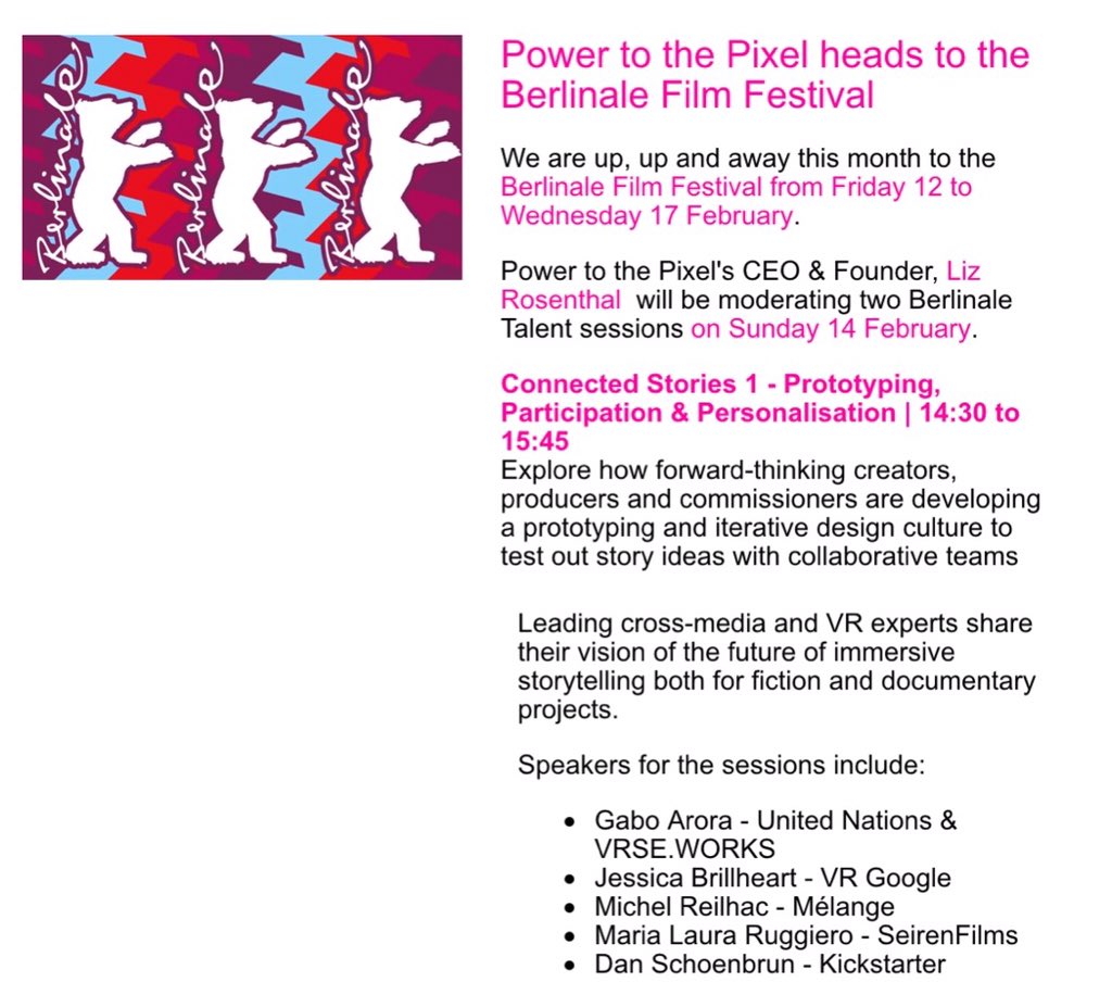 Excited to be part of @berlin_talents and <a href="/powertothepixel/">powertothepixel</a> with <a href="/gaboarora/">Gabo Arora</a> <a href="/brillhart/">Jessica Brillhart</a> <a href="/michelreilhac/">Michel Reilhac</a> <a href="/dandontknow/">Dan</a>
