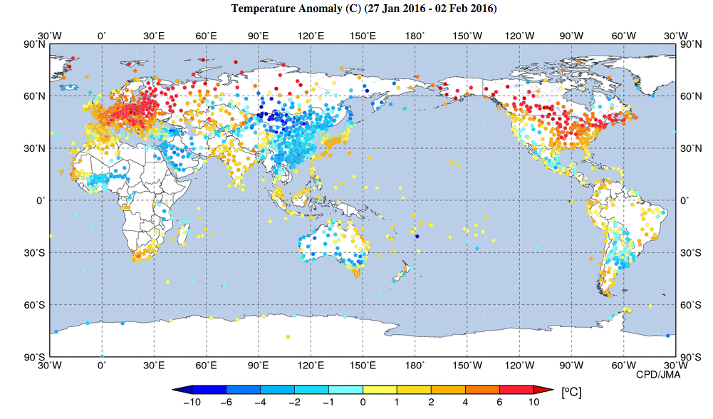 WMO's tweet photo. Tokyo Climate Center map of above and below average temps (1981-2010 base),  27 Jan-2 Feb https://t.co/Pjjte6WzC6 https://t.co/7qEBhF8QcF