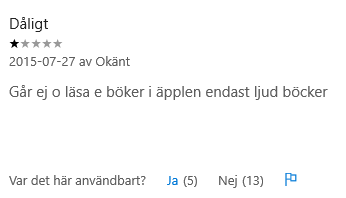 "Dåligt Går ej o läsa e böker i äpplen endast ljud böcker", 2015-07-27 av Okänt