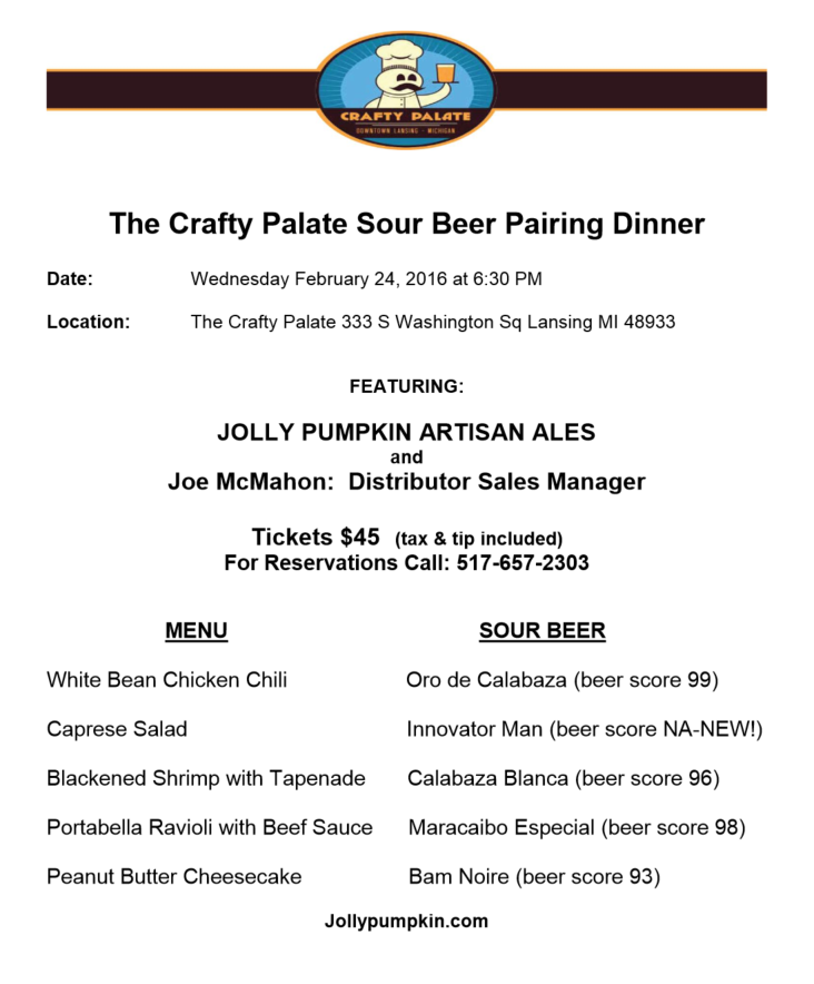Save the date for our Crafty Palate Sour Beer Pairing Dinner! February 24th at 6:30PM.