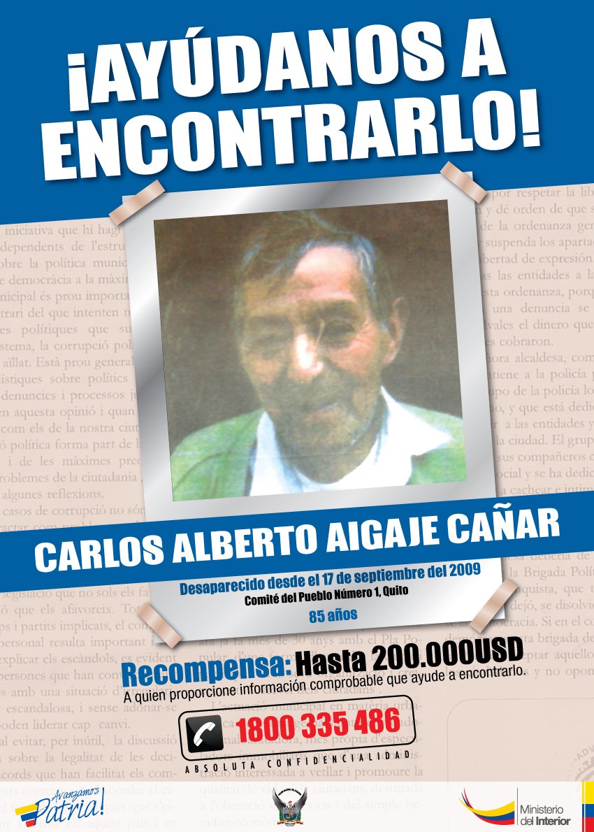 MinGobiernoEc's tweet photo. #AyúdanosAEncontrarlo, Carlos Alberto Aigaje Cañar se extravió en  #Riobamba. Recompensa hasta 200.000 dólares. https://t.co/Pvj9cF3mUV