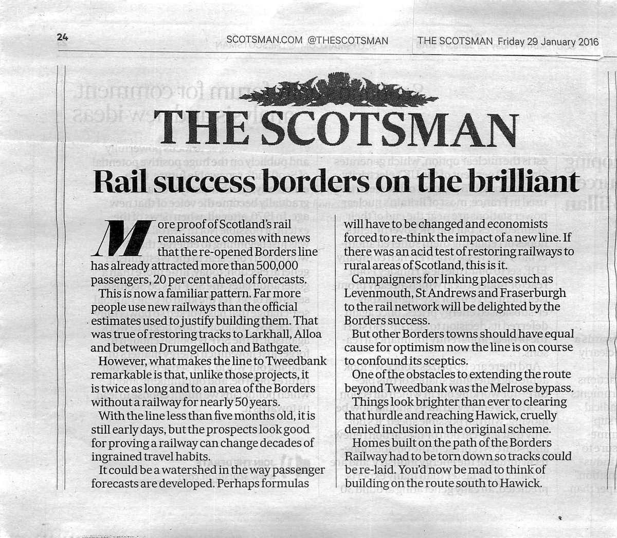 CragTweets's tweet photo. "Rail success borders on the brilliant" Scotsman Editorial, 29 Jan 2016. @BordersRailway carries 500,000 passengers. https://t.co/b76gyrGIO1