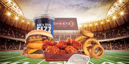 sheetz's tweet image. Soda. Shwingz. Burgerz. Onion ringz. Did we say Shwingz? #StopAssuming Sheetz won't have what you need for the game