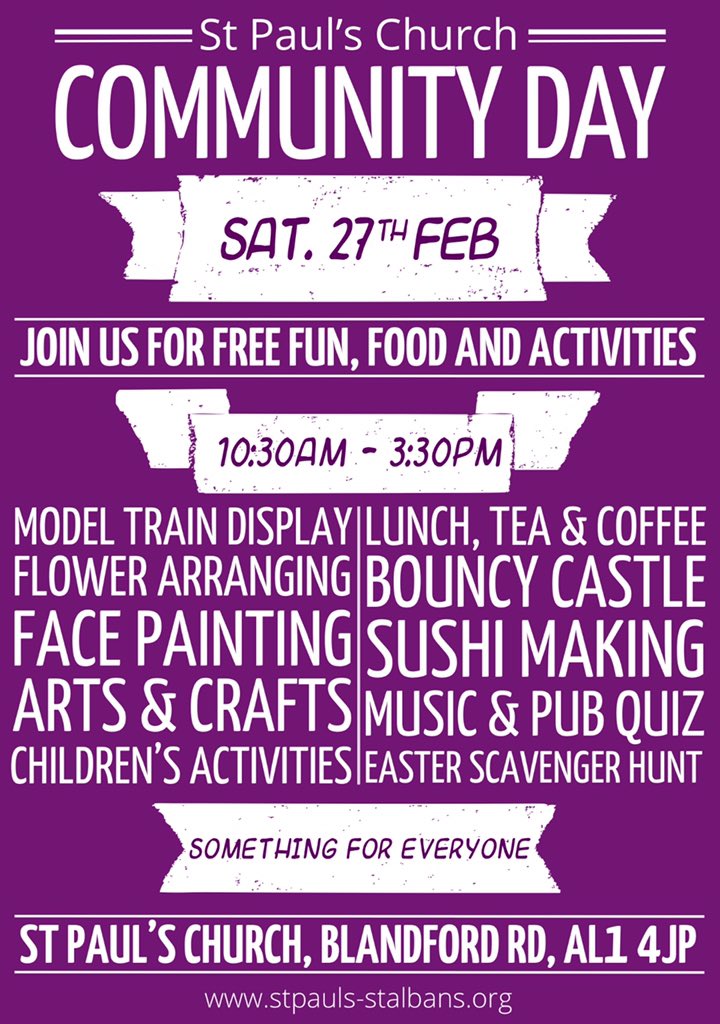Join us for our annual Community Day - Sat 27th Feb, 10:30-15:30. FREE &amp; open to all! #StAlbans #whatson #familyday