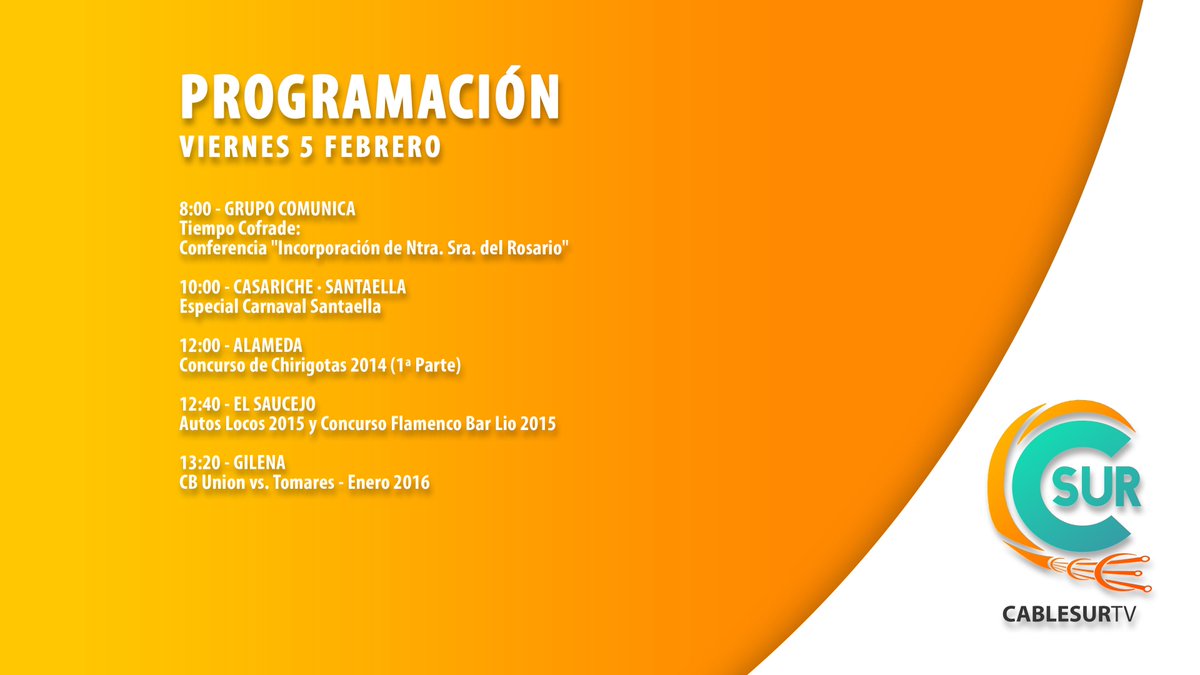 Cablesur_TV's tweet photo. PROGRAMACIÓN
VIERNES 5 FEBRERO https://t.co/XNUeCnQlIP