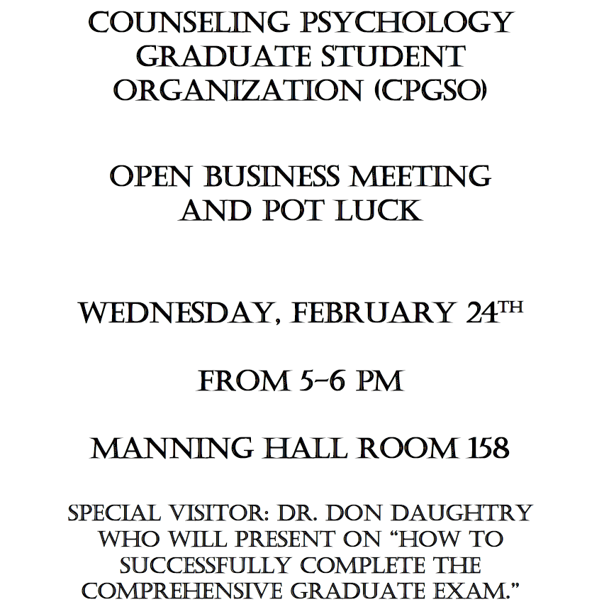 TAMUK_PsycSoci's tweet photo. Check out the Counseling Psychology Graduate Student Organization
See flyer for details... https://t.co/iTyjEehoN9