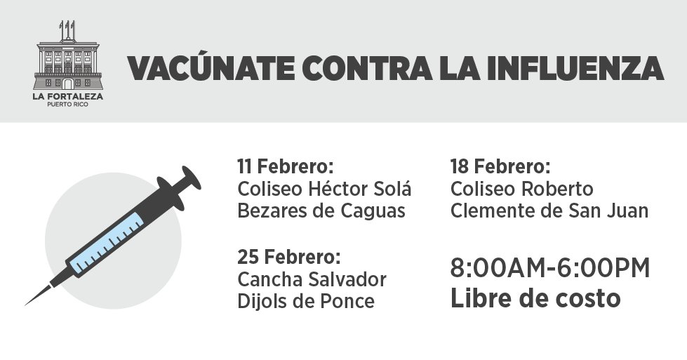 ¡Vacúnate contra la influenza! <a href="/DeptSaludPR/">Departamento de Salud de Puerto Rico</a> <a href="/EDUCACIONPR/">Dpto. de Educación</a> <a href="/AVPPuertoRico/">AVPPuertoRico</a> <a href="/ACUEDUCTOSPR/">Comunicaciones AAA</a> <a href="/UPRInforma/">UPR Informa</a>