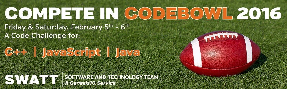Genesis10Corp's tweet image. Developers! What are you doing this weekend? How about competing in #CodeBowl2016! hubs.ly/H020-Xz0