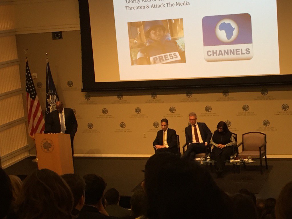 joanmower's tweet photo. John Momoh of Nigeria's Channels TV tells #peacetechlab how media promotes peace #brucesherman https://t.co/gLpb8wVfVL