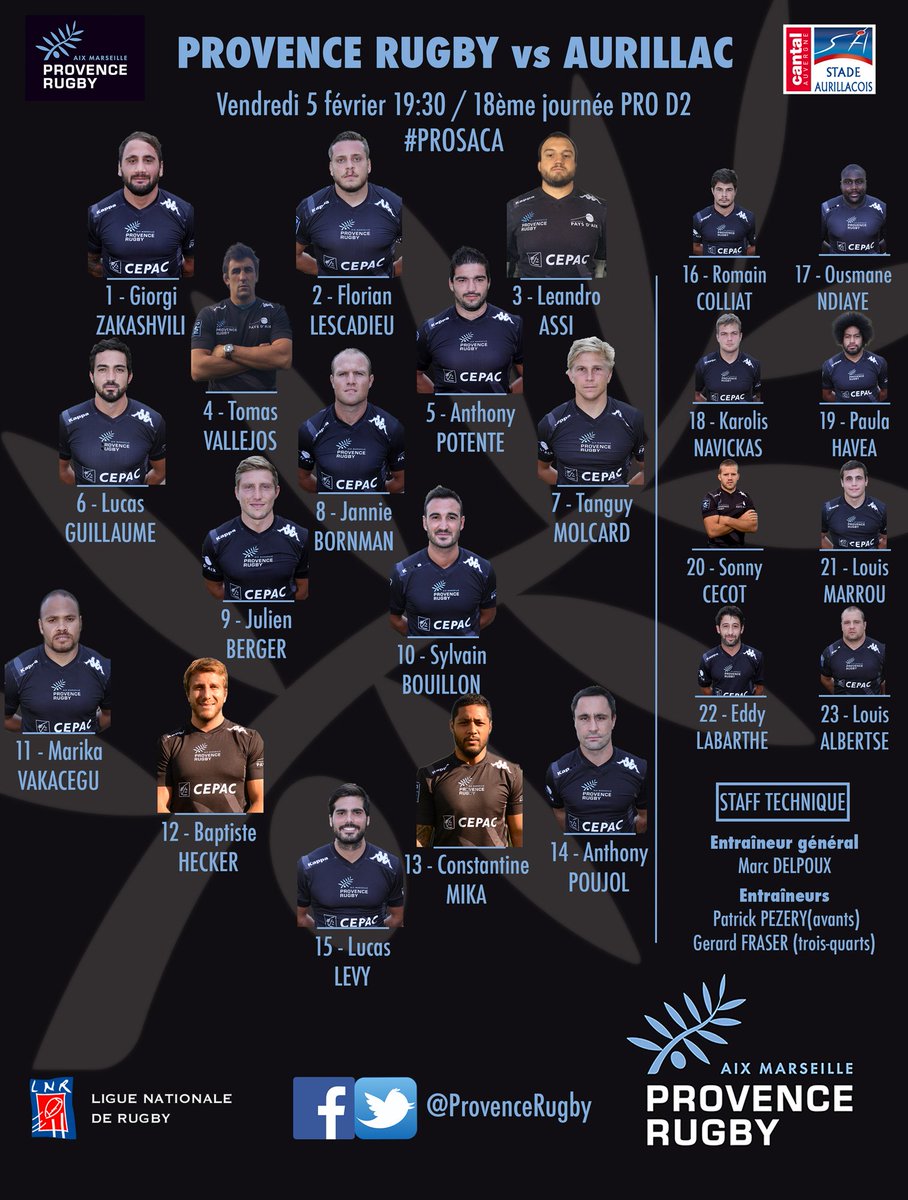 ProvenceRugby's tweet photo. [COMPO] Le XV de départ pour affronter @saca_officiel demain soir ! #PROD2 #PROSACA https://t.co/phcvqFNCud