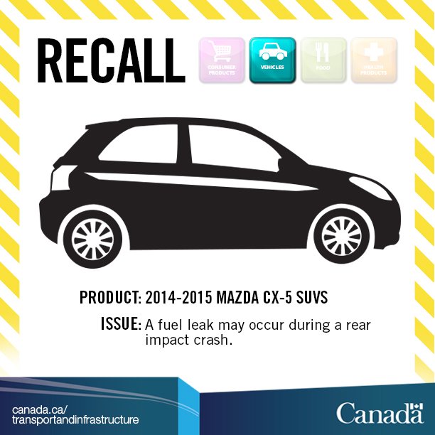 Transport_gc's tweet photo. #Recall: 2014-15 Mazda CX-5 #SUVs. Vehicles may not meet fuel integrity crash standards. https://t.co/JKuuhr7OG4 https://t.co/jYVm8DL6Y8