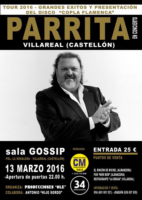Día 13 de Marzo en la sala GOSSIP Villarreal (Castellón) Os esperamos!!!!!! <a href="/parritaoficial/">PARRITA</a>