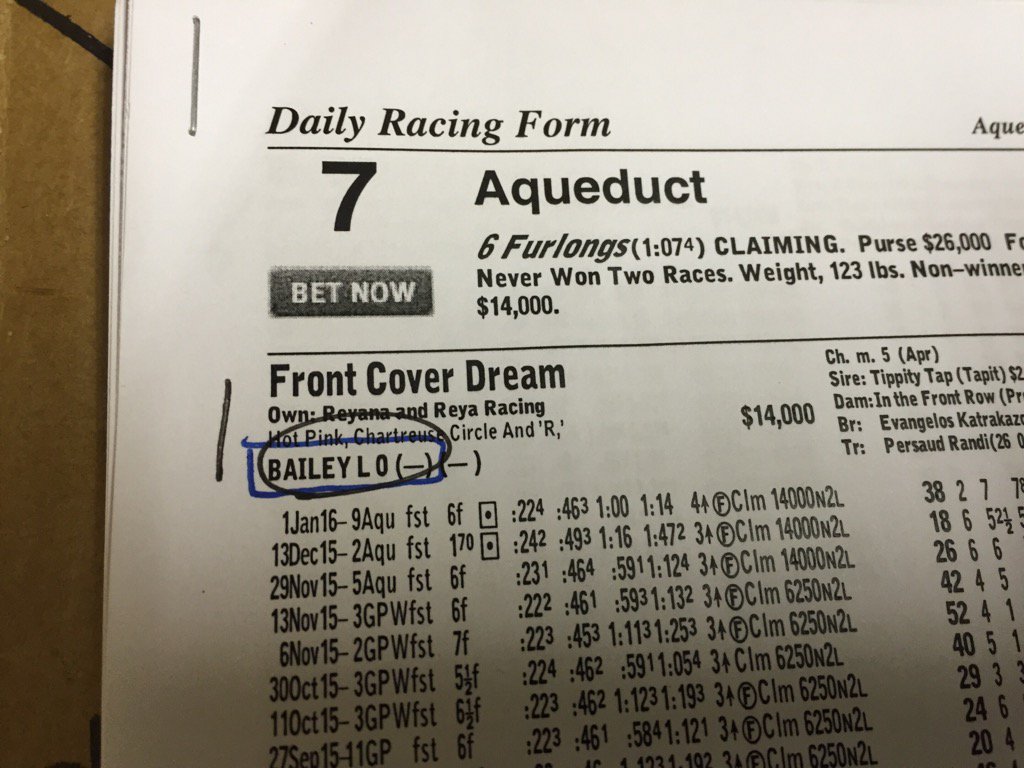 jasonblewitt30's tweet photo. A "Bailey" with two initials. Anyone else do a double take when looking at @TheNYRA's 7th today? Lol. #notJD #bigA https://t.co/AGjlafXdRZ