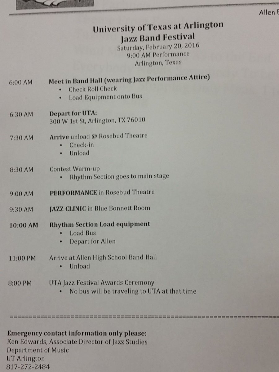 allenhs_jazz's tweet photo. Itinerary for UTA Jazz Band Festival
Saturday, February 20th, 2016 https://t.co/n0Xe0t7zjR