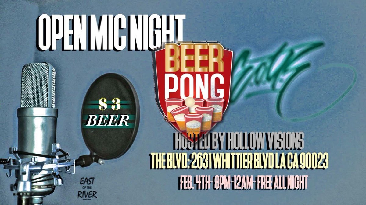 EOTRNETWORK's tweet photo. @Hollow_visions hosts #OpenMicNight &amp; #BeerPong #Beer your #ThirstyThursday @TheBlvdBH tonight at 8! #eotrnetwork https://t.co/I7tg9hVq3k