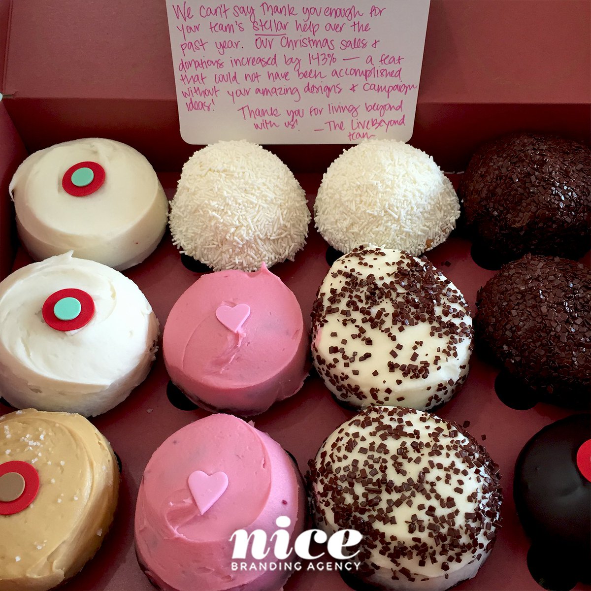 nicebranding's tweet photo. Cupcakes from @Sprinkles! You made our day @LiveBeyond! Thanks for the special delivery! #Sweet #NiceClient https://t.co/usAc0MLBo5