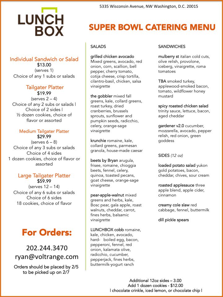 Staying in this #superbowl weekend? Bring the party home w/ sandwich platters &amp; signature salads from <a href="/VOLTlunchbox/">Lunchbox</a>